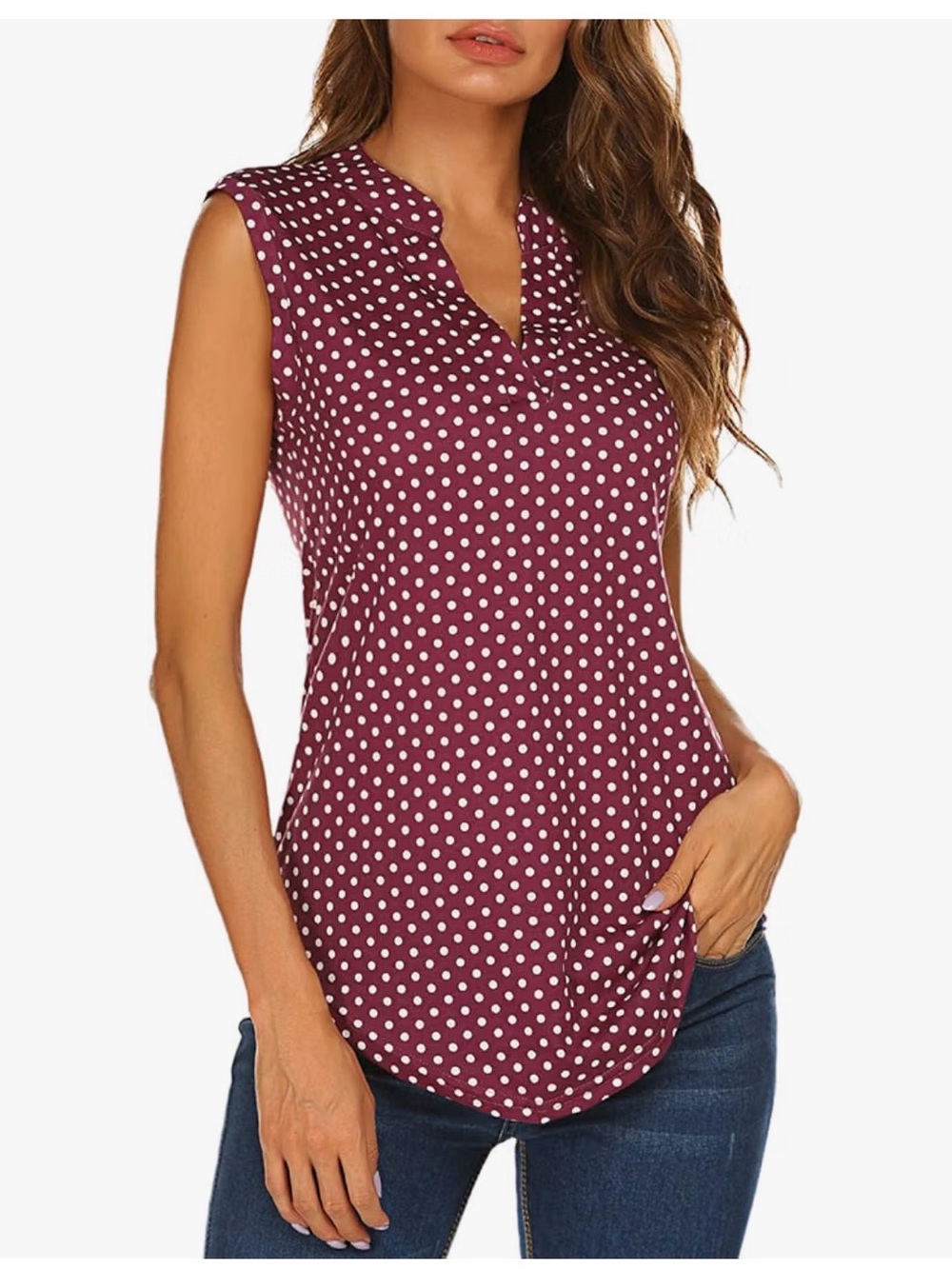 Sleeveless Polka Dot V-Neck Blouse in Garnet